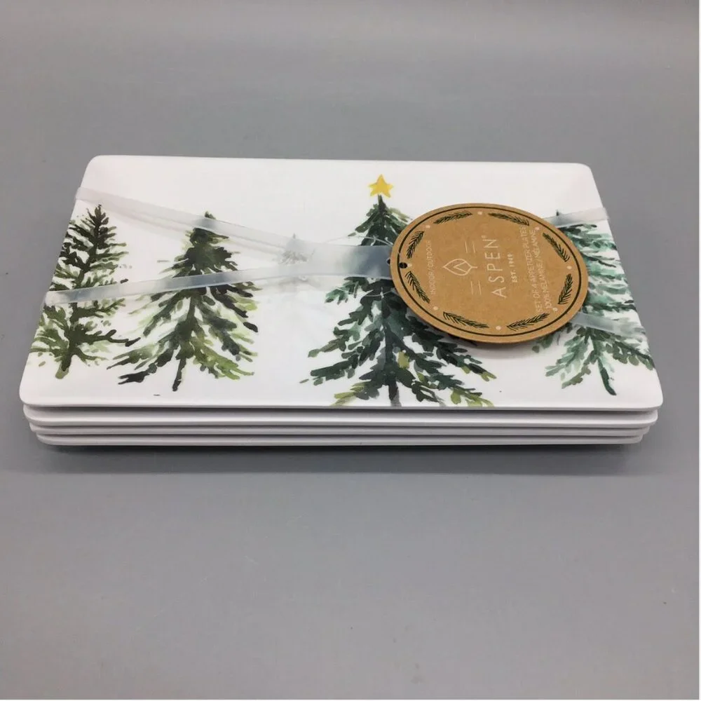 NEW x4 Aspen Home Winter Forest Melamine Appetizer Plate Set Christmas Tree Star